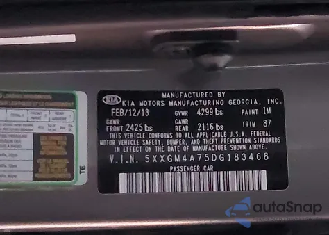 2013 Kia Optima Lx z USA, uszkodzony, nr VIN 5XXGM4A75DG183468